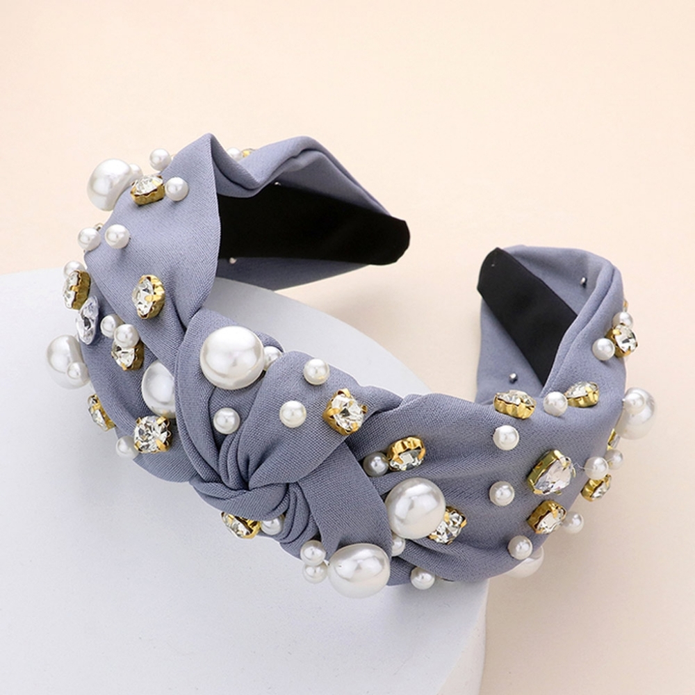 Gray Pearl Rhinestone Knot Headband Hair Bling Crystal Jeweled Statement Grey